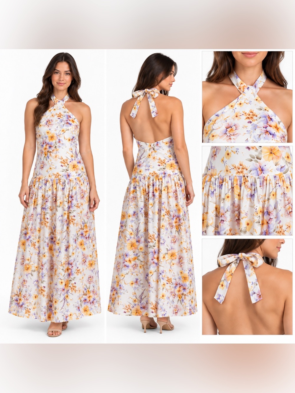 Aqua Blu White Halter Maxi Dress with Yellow & Lavender Floral Print size M